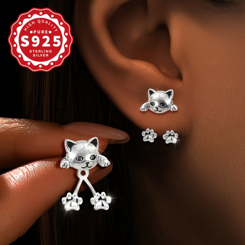 Pair of S925 Sterling Silver Cat Paw Dangle Earrings - Cute Cartoon Design, Hypoallergenic, Perfect for Daily Wear & Gifting, Ideal for Halloween & Parties, Cute Earrings