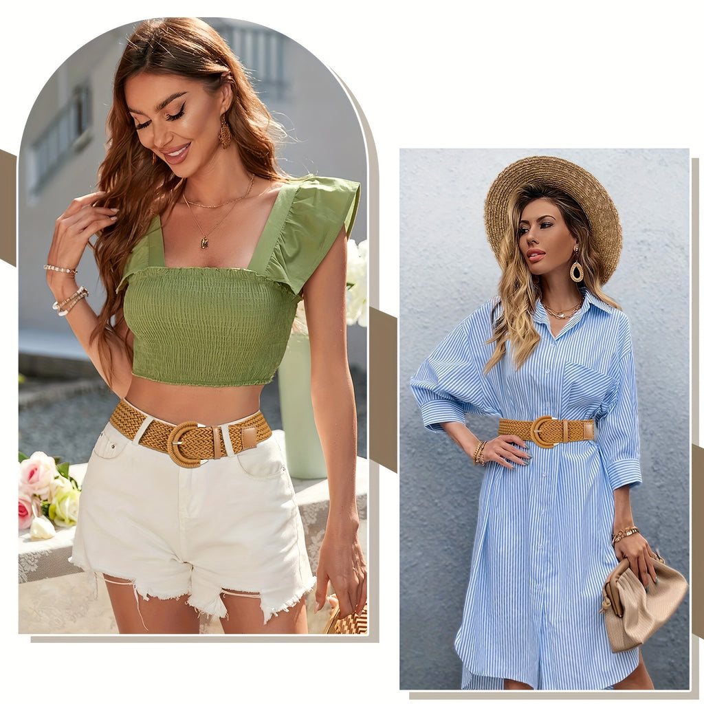Women'S Braided Rattan Wide Belt Waist Belt with Half-Circle Buckle for Summer Dress Jeans Pants