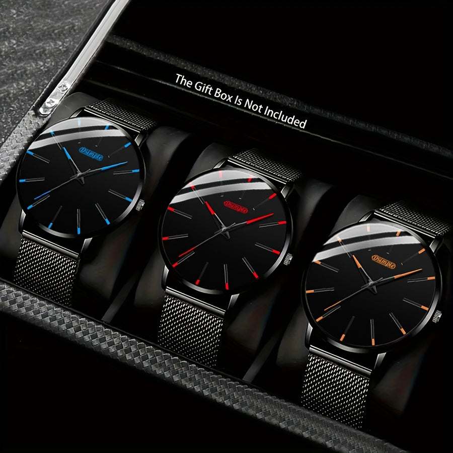 3pcs Men' Quartz Watch Combo Set - Rhinestone-Accented Dials, Analog Round Wristwatches with Quartz Movement, Casual & Dressy Watches Suitable for Birthdays, Parties, Casual Attire - Ideal Gift for, Husband, Boyfriend