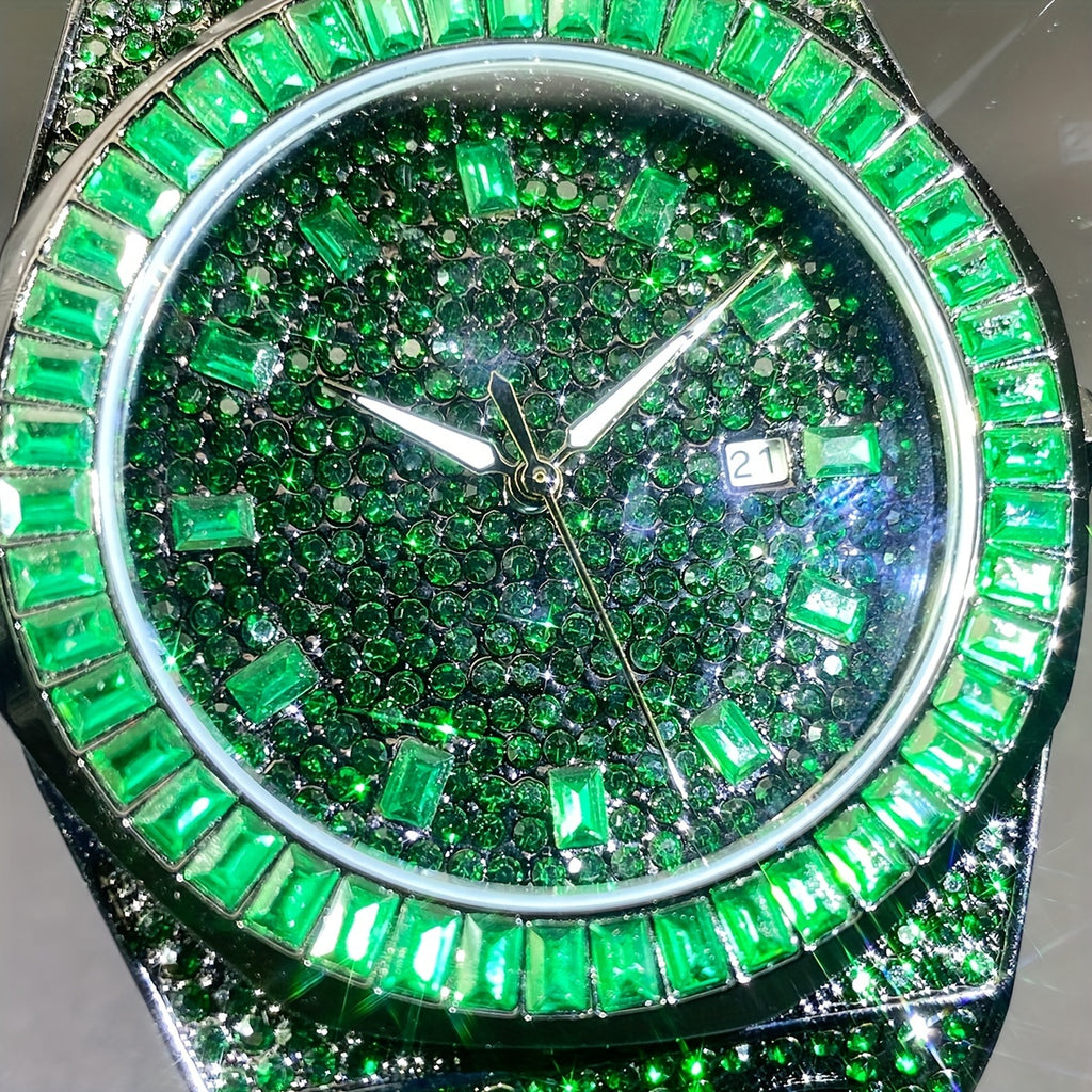 MISSFOX Fashion Green Watch For Mens Luxury Iced Out Quartz Watch Mans Hip Hop Square Rhinestone Jewelry Wristwatch Reloj 2024 New