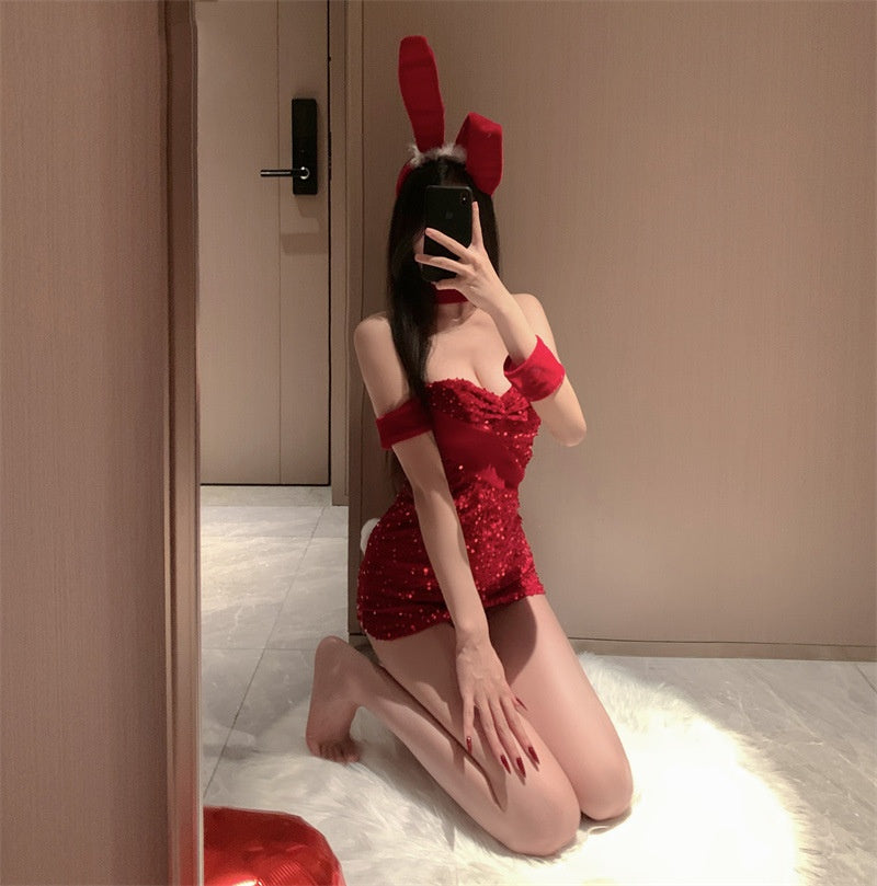 SD-186  Christmas tube top red bow sequined bunny girl cos sexy pure desire dress