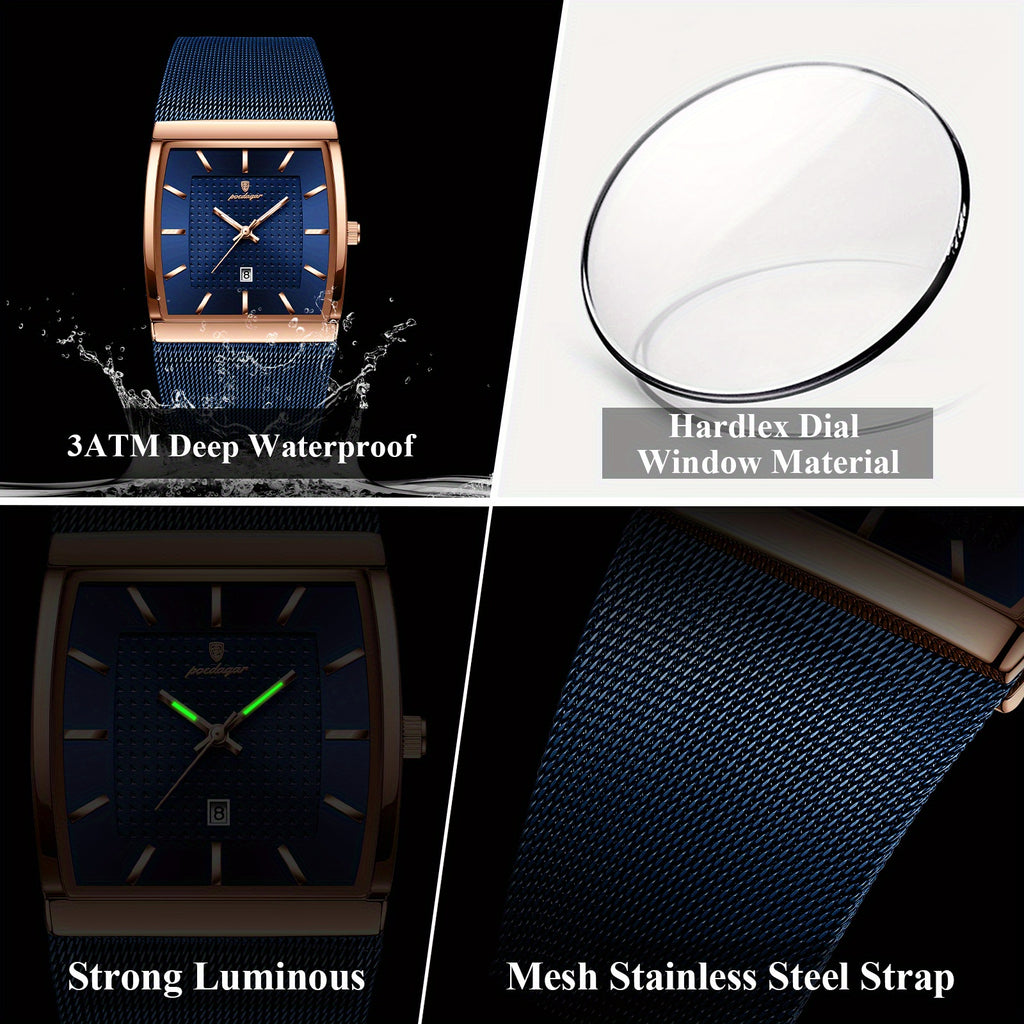 [Men's Casual Watch] POEDAGAR 885W Men's Fashion Casual Watch, 3ATM Waterproof With Blue Dial, Stainless Steel Mesh Band