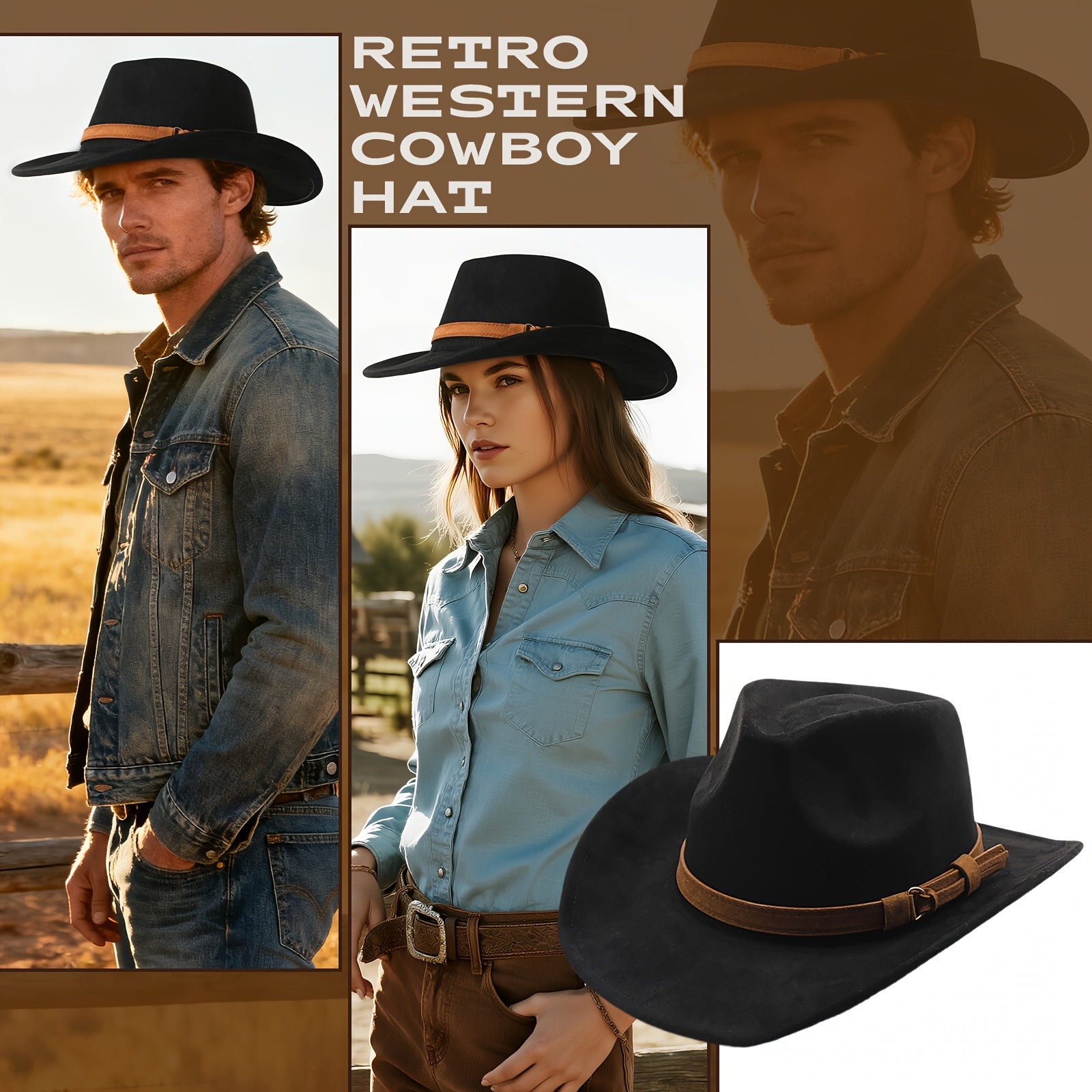Men'S Women'S Retro Wide Brim Western Cowboy Hat Fedora Hat Outdoor Casual Travel Decoration Hat
