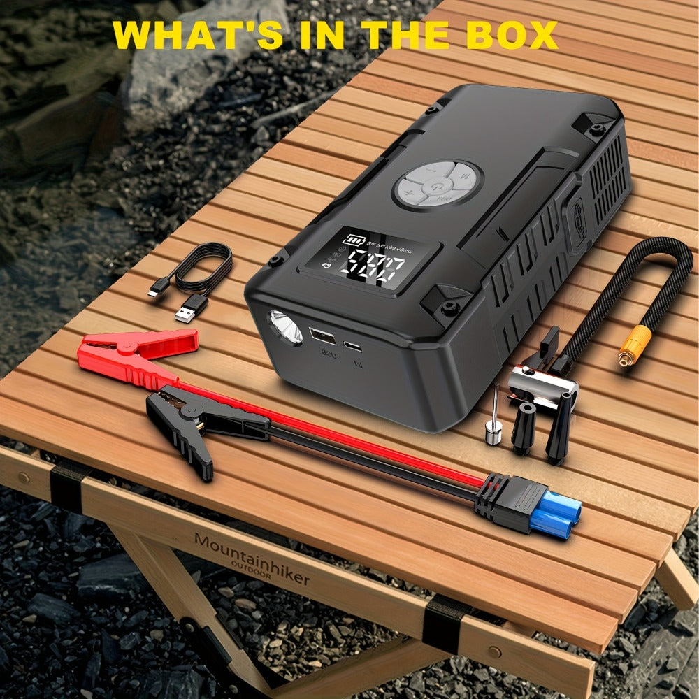 10000A 7-in-1 Multi-Function Emergency Jump Starter with Air Pump, 150PSL Car Battery Booster, Tire Inflator, Portable Vehicle Battery Charger, Suitable for 2.64-Gallon Gasoline or 2.38-Gallon Diesel Batteries, LED Emergency Light