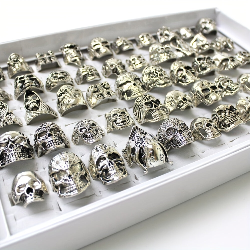 30/50pcs Men'S Punk Gothic Biker Skeleton Skull Heard Ring, Vintage Band Rings, Unisex Punk Hip Hop Style, Halloween Party Jewelry