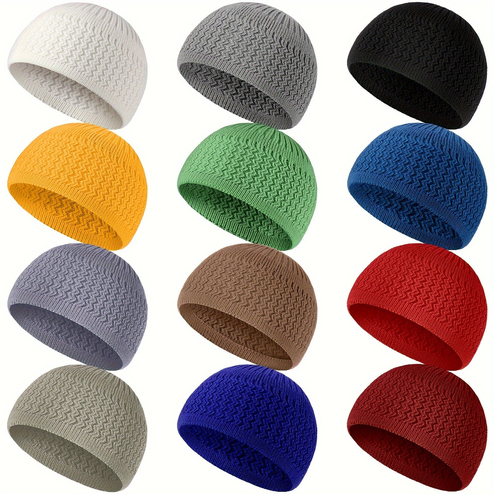 [Ramadan Crochet Cap] 12pcs Knit Kufi Hats Kufi Beanie Hat Skull Caps for Men Women Muslim Liner Breathable Ramadan Crochet Cap (Dark Color)