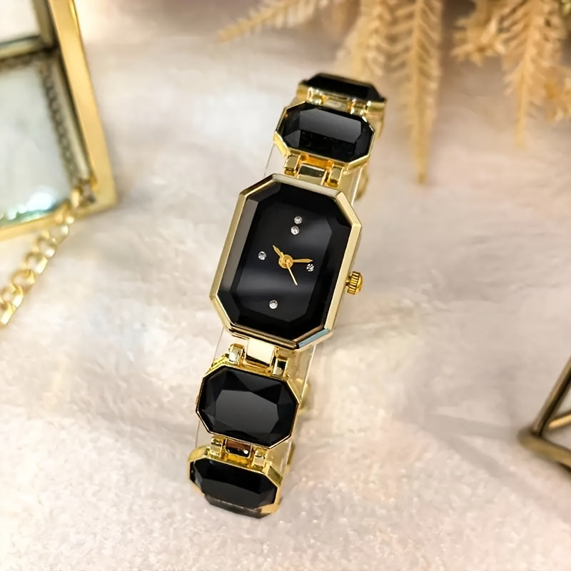 5pcs Women's Luxury Green And Golden Jewelry Set with Square Watch - Bohemian/Elegant Earrings, Rings, Necklace & Bracelet Watch - -Accented Look for Daily Wear & Parties