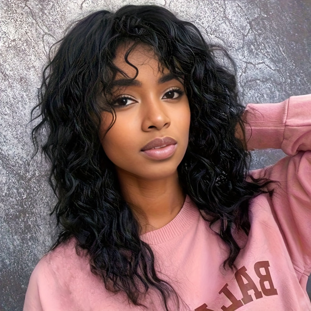 Costume Wig, 1 Elegant 18 Inch Black Curly Wig with Bangs - Heat-resistant Synthetic Fiber, 150% Density Water Wave, Rose Mesh Cap Securely Fixed, Unisex, Daily and Halloween Use, Suitable for All Races, Wig Strap, Multifunctional Hair Accessory