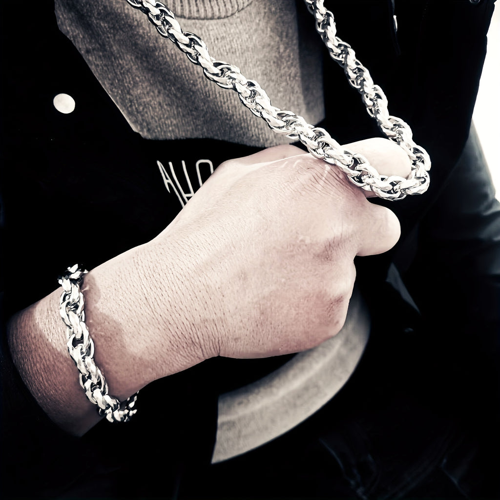 304 Stainless Steel 2pcs bracelet+necklace, Men's retro fashion hip-hop jewelry set as a gift for him
