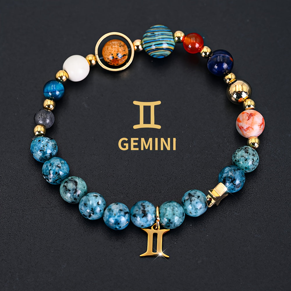 [Cosmic Galaxy Bracelet] 1pc Cosmic Galaxy Imperial Green Natural Stone Eight Planets Ladies 12 Constellation Bracelet Zodiac Pendant Libra Virgo Sagittarius Jewelry Valentine's Day Couple Gift