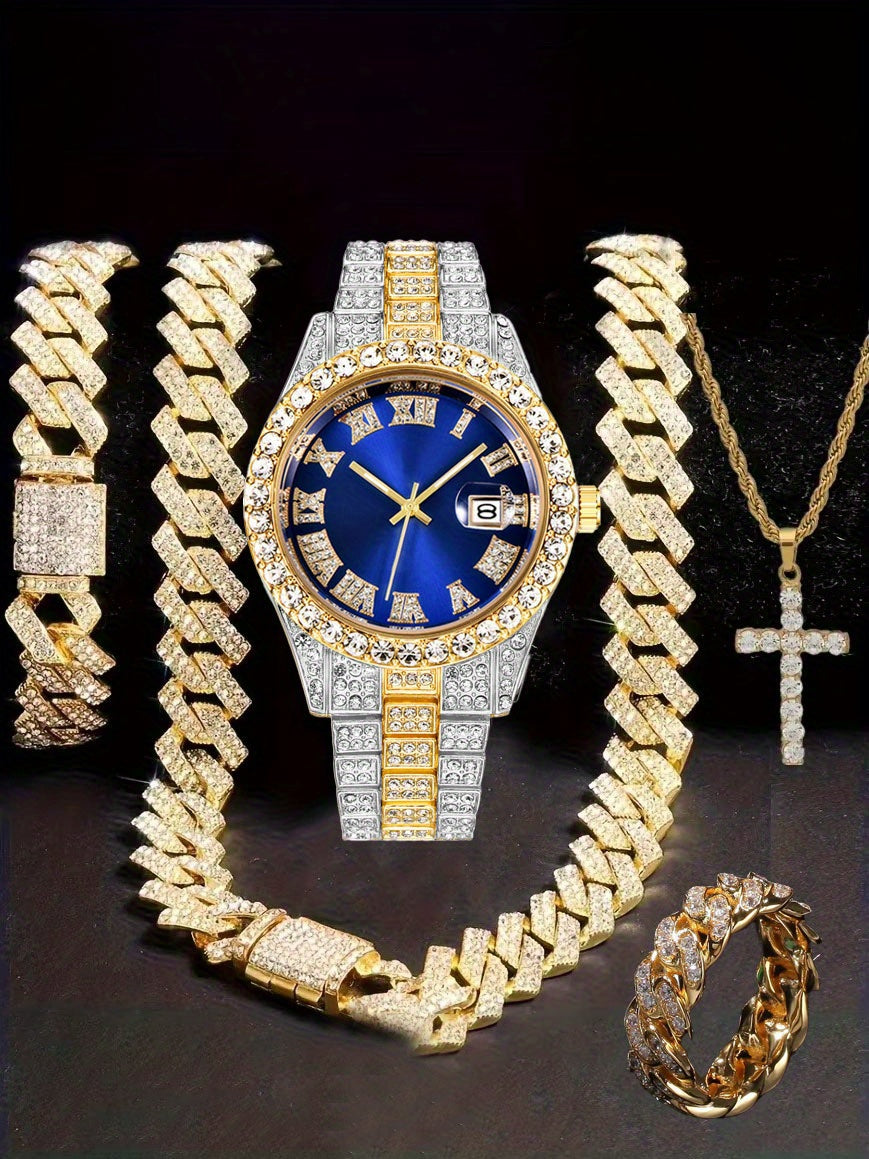 Men'S Hip Hop Set: Trendy Watch, Cuban Chain Pendant Necklace And Bracelet Combo, Stylish Men'S Additions Gift for Christmas, Birthday, Valentine'S Day, And Father'S Day