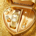 5pcs Women'S Stylish Elegant- Golden Tone Quartz Watch& Jewelry Set- Square Golden White Dial with Matching Necklace, Earrings, Ring- Parties Jewellery for women Set- Ideal Choice for Christmas Gift, Formal Occasions, Party Accessories