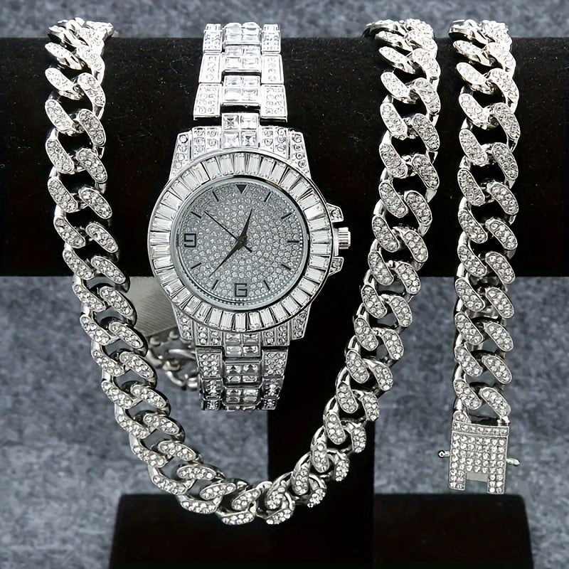 Set Of 3 Pieces, Watch Set For Men And Women, Men's Cuban Necklace And Bracelet Set, Christmas Gift