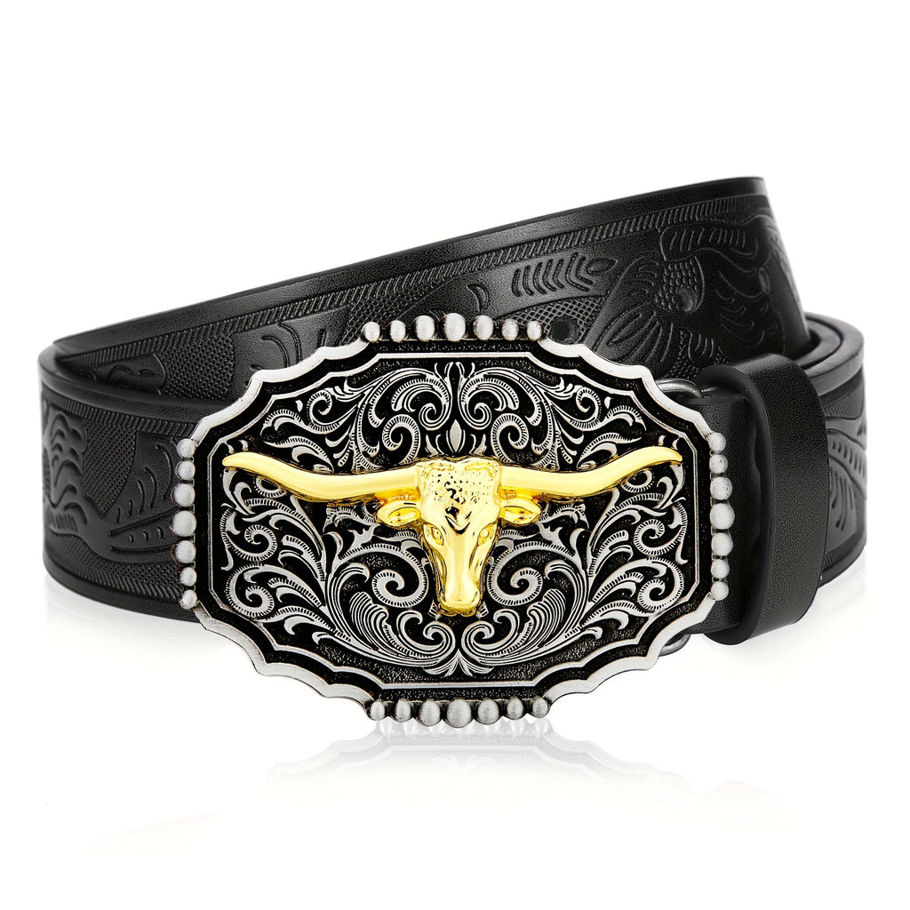 Mens Western Cowboy Cowgirl Embossed Floral Faux Leather Belt - Longhorn Bull Pattern Letter Big Buckle Belt - Stylish, Durable, Belts For Men