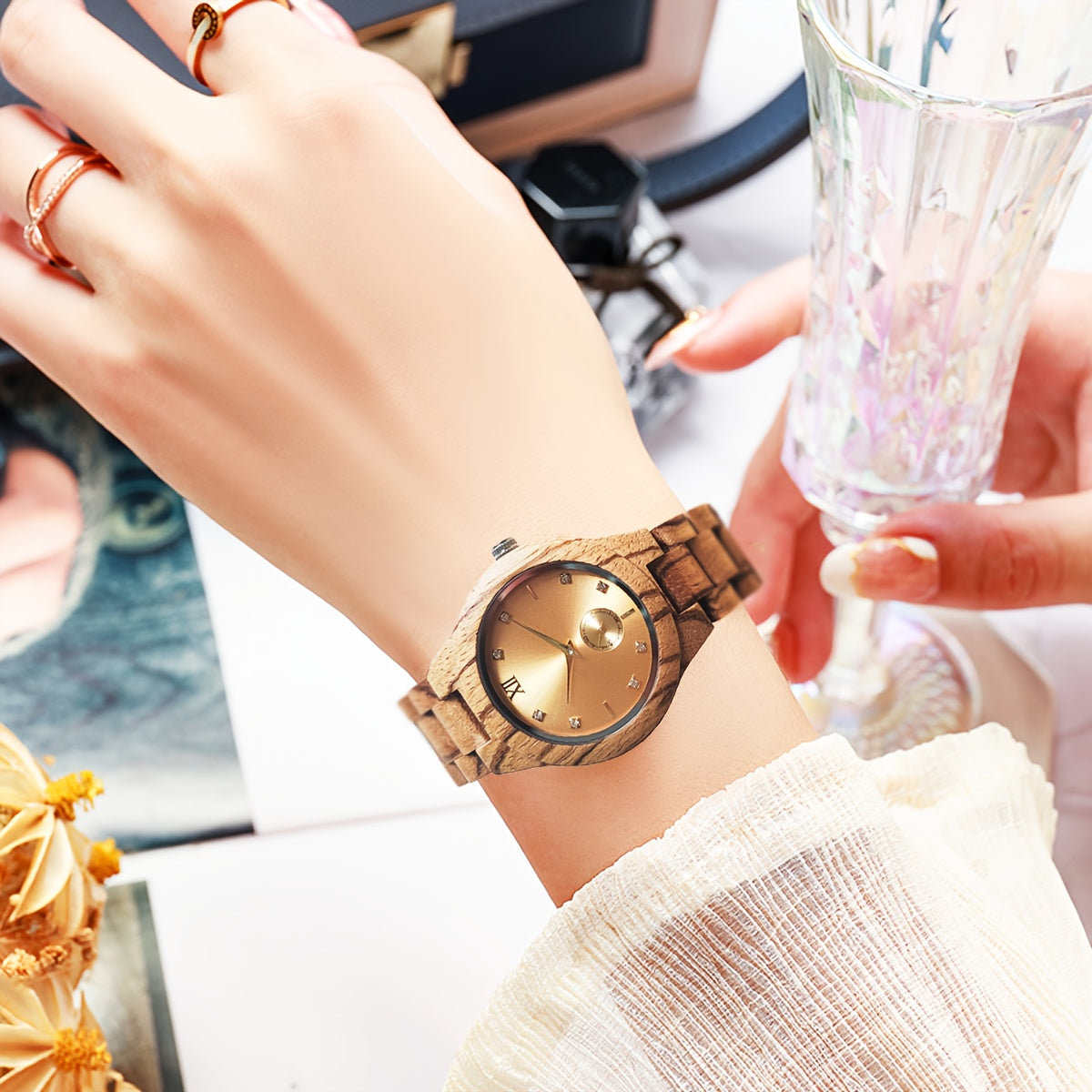 Chic Women'S Wooden Watch with Zebra Print Band, Golden-Tone Dial & Rhinestone Accents - Quartz Movement