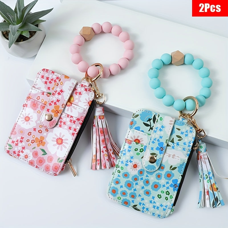 2pcs/set Of Flower Printed PU Coin Purse, Bead Wrist Key Ring, Tassel Card Bag, Small Floral Keychain, Bohemian Style Wallet, Key Ring, Holiday Gift, Gift for Friends, Gift for Mom