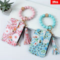 2pcs/set Of Flower Printed PU Coin Purse, Bead Wrist Key Ring, Tassel Card Bag, Small Floral Keychain, Bohemian Style Wallet, Key Ring, Holiday Gift, Gift for Friends, Gift for Mom