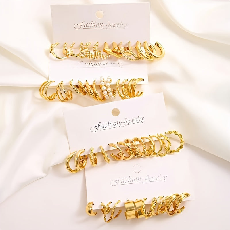 Golden A Set Of 48 Simple And Elegant Golden Geometric Twisted Love Imitation Pearl Earrings For Ladies, Suitable For Vacation Dates, Daily Wear, And Gifts