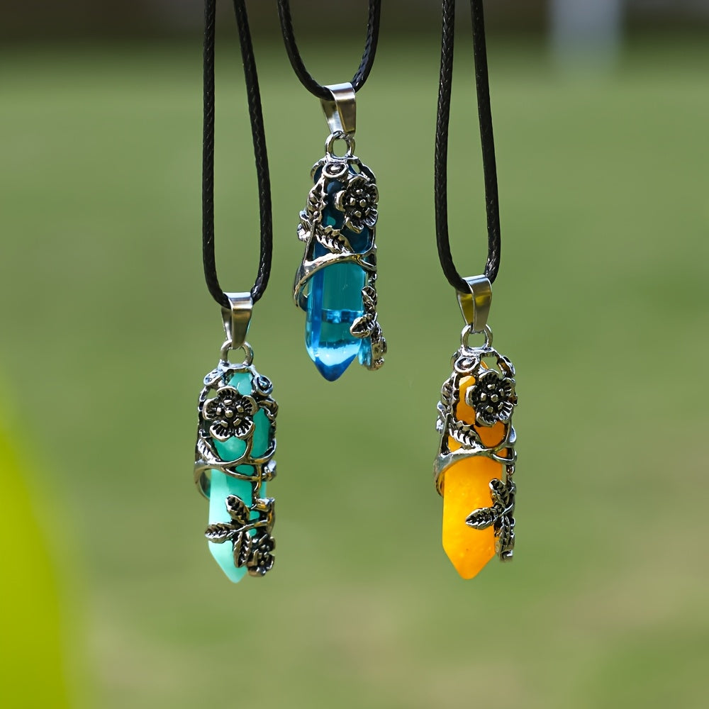 20pcs Natural Stone Hexagonal Column Shaped Wrapped Flowers Pendants Necklace Set, 10pcs Hexagonal Column with 10pcs Rope for DIY Necklace Jewelry Craft Making, Leisure Accessories &