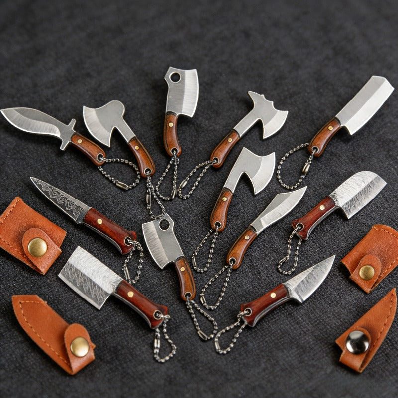 10pcs Random Premium Mini Knife Keychain Set (5 Knives And 5 Knife Sets), Damascus Pattern Pendant Blade, with Leather Cover, Stainless Steel, Non-Foldable, Straight Back, Flat Blade, Lightweight, Luxury Portable EDC Pocket Tool