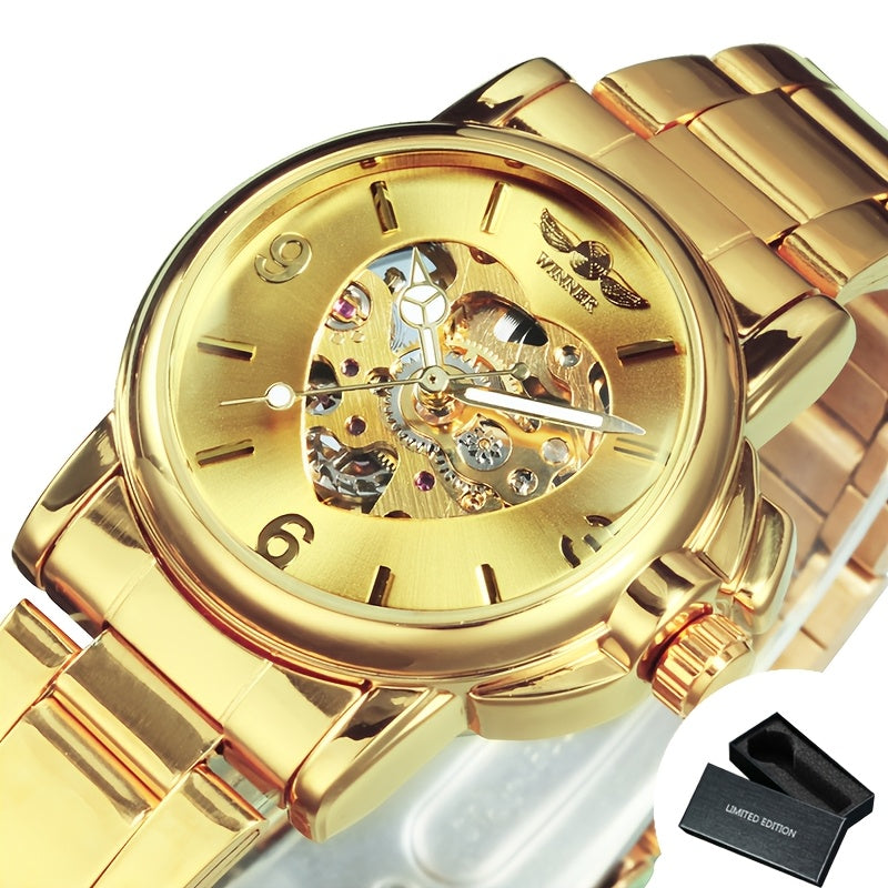 T-WINNER Luxury Golden Skeleton Automatic Mechanical Watch with Luminous Heart Dial, Royal Golden & Stainless Steel Band - Elegant Casual Wristwatch for Christmas, Thanksgiving, Birthday Gifts, Special Occasion Wristwatches