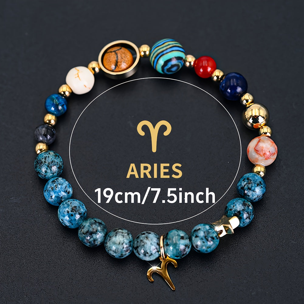 [Cosmic Galaxy Bracelet] 1pc Cosmic Galaxy Imperial Green Natural Stone Eight Planets Ladies 12 Constellation Bracelet Zodiac Pendant Libra Virgo Sagittarius Jewelry Valentine's Day Couple Gift