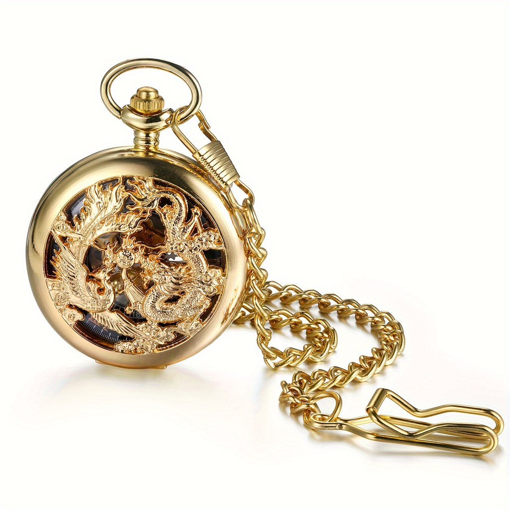 [Mechanical Golden Pocket Watch] Jewelrywe Mens Pocket Watch Mechanical Golden Case Hollow Hands Chain Hand-Winding Luxury