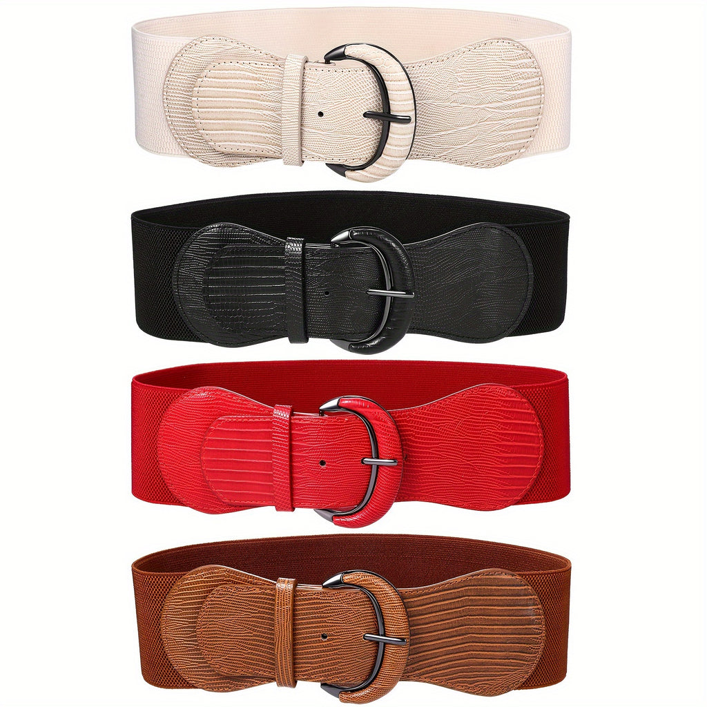 Flongo 4pcs Women'S Wide Elastic Waist Belt Leather Stretch Cinch Dress Waistband