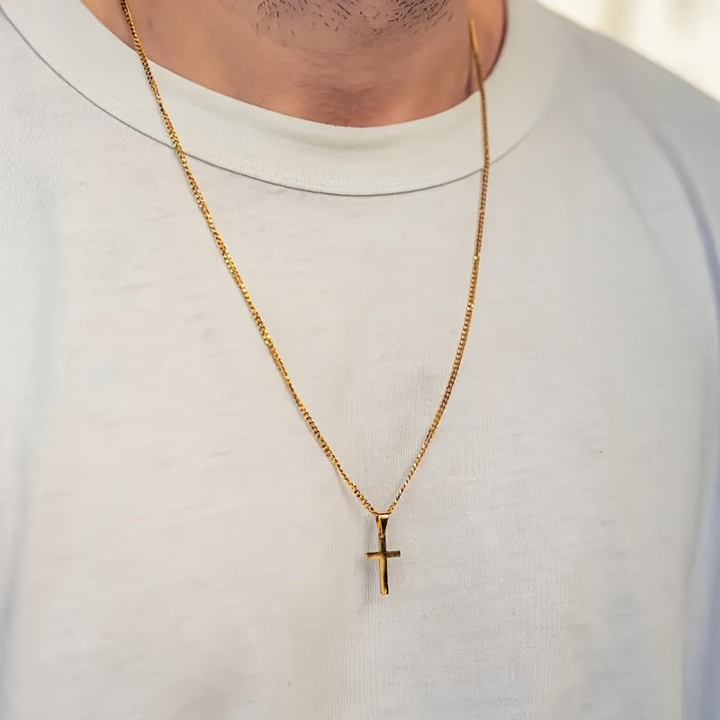 1 men's fashionable cross pendant necklace, plated with 18K golden Cuban chain, stainless steel men's minimalist casual necklace