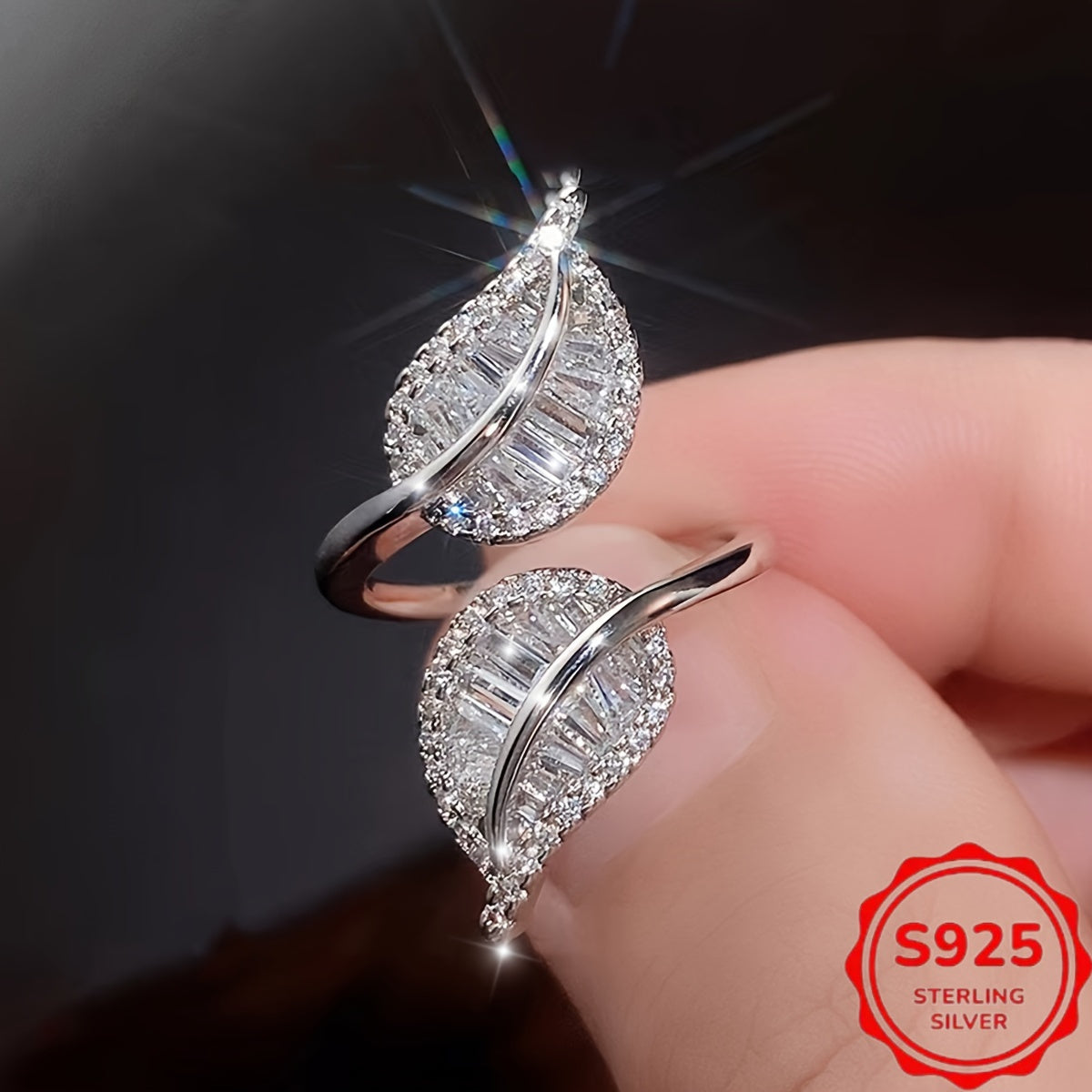 925 Sterling Silver, Hypoallergenic, Elegant Leaf Shaped Ring Set with Shiny Synthetic Cubic Synthetic Zirconia | Suitable for Daily and Holiday Wear, the Best Choice for Gift Giving