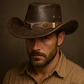 [Western Cowboy Hat] Men's Western Cowboy Hat - Brown Synthetic Leather Wide Edge Hat, Non Textile Material, Ideal for Summer Parties and Outdoor Activities, Outdoor Headwear | Wide Edge Hat | Durable Headwear