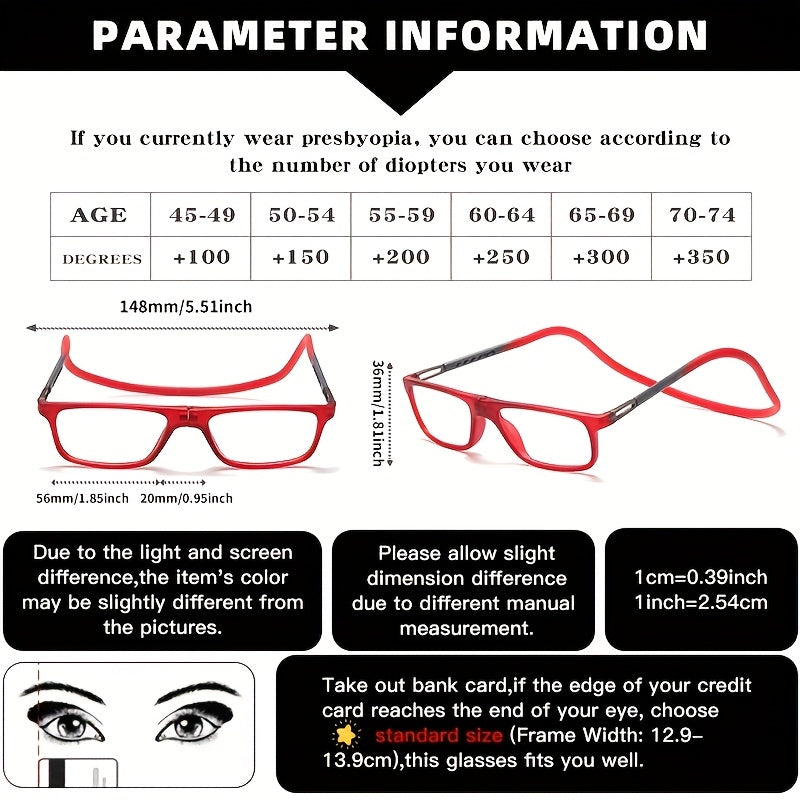 4 Pairs of Reading Glasses Simple Square Folding Magnetic Neck Hanging Fashionable Presbyopic Frame Multifunctional Ultra-light Portable Telescopic Folding Anti-fall Retro Frame Suitable for Office Wear