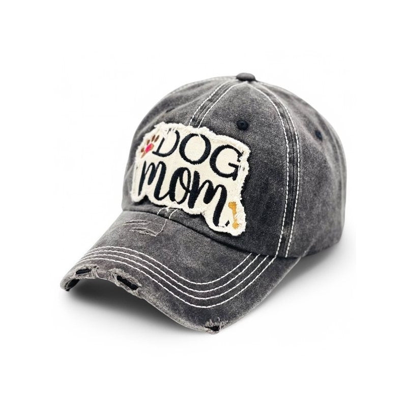 "Dog Mom" Paw and Bone Vintage Distressed Embroidered Baseball Cap For Women - 100% Cotton, Breathable, Casual, Adjustable, UV Protection