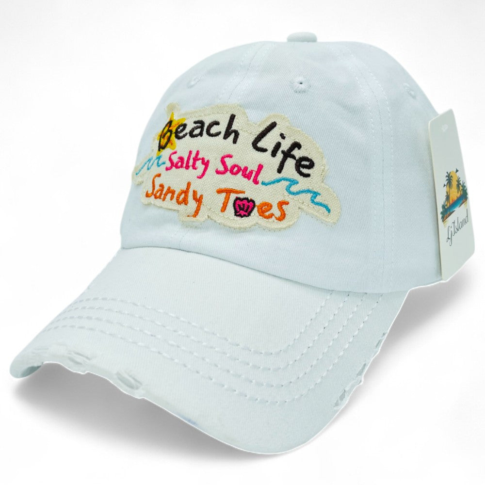 "Beach Life Salty Soul Sandy Toes" Baseball Cap-Local Artist Designed, Vintage, Distressed, Embroidered, 100% Cotton, UV Protection, Adjustable