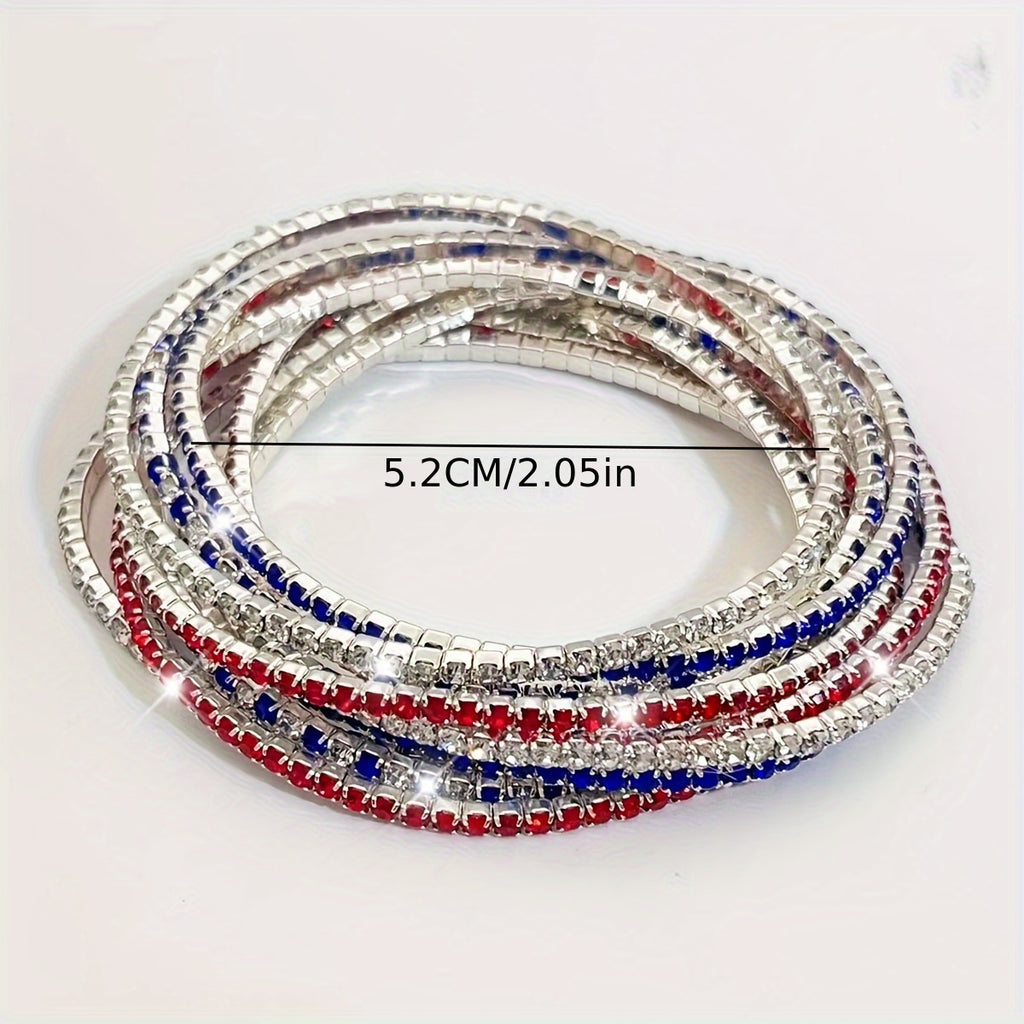 Lots 10pcs Independence Day USA Red White Blue Rhinestone Stretch Bracelets Set Women/ Men Silvery Plated Copper Elastic Exquisite Shiny Handmade Sparkling Rhinestone Multi-layer Bracelets Minimalist Vintage Stackable Wristband Bracelet Set Jewelry