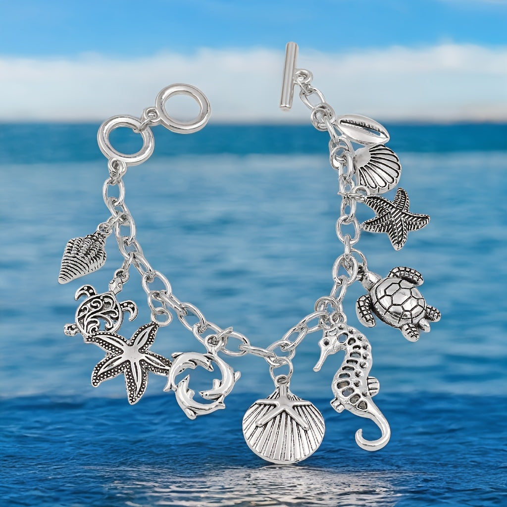 S925 Silver 1pc Ocean Style Seahorse Turtle Dolphin Starfish Sea Snails Scallop Conch Charm Pendant Chain Bracelet, Marine Animal Bracelet Friendship Jewelry Gift.Total Weight Of The Product (3g)