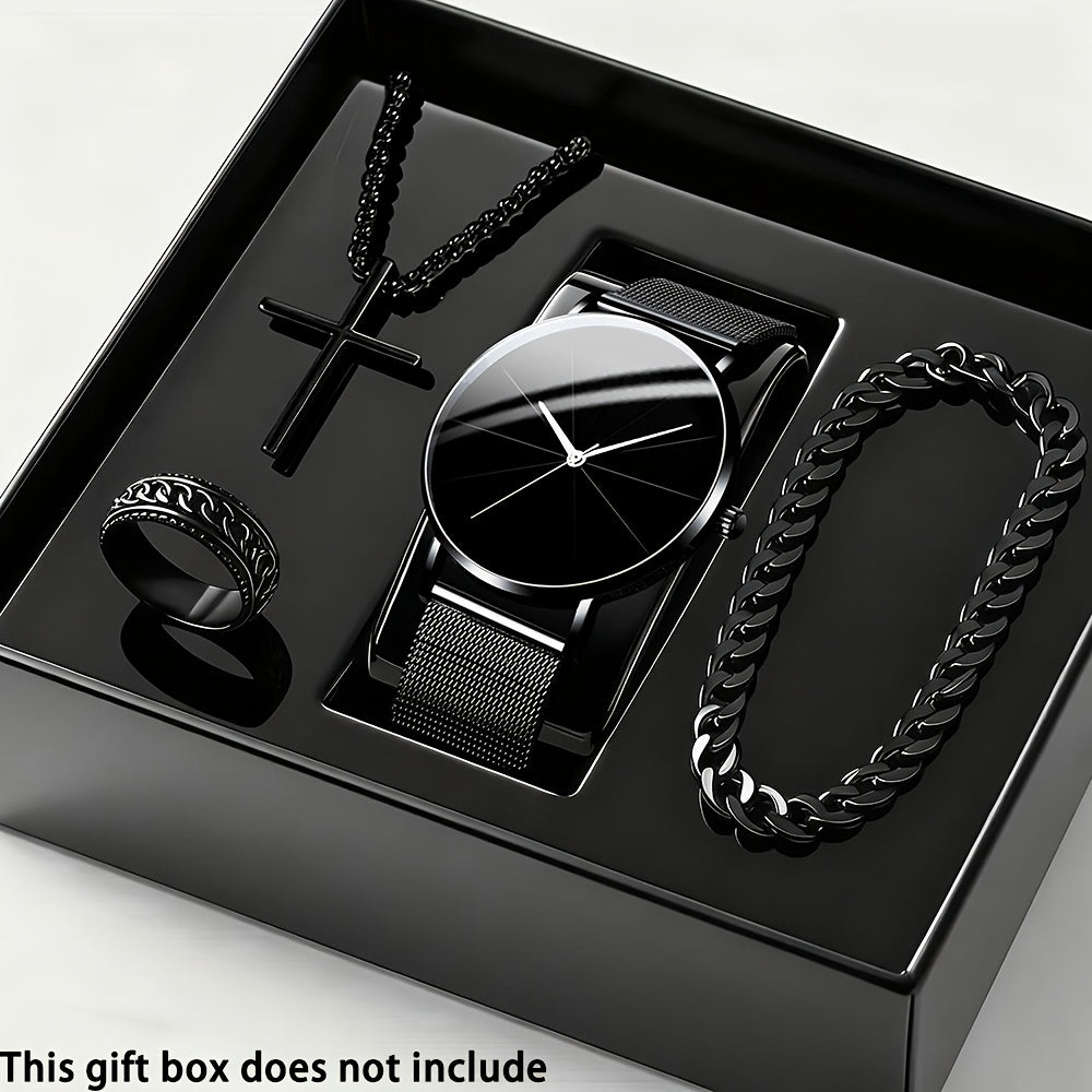 4pcs/Set Men'S Elegant Quartz Watch And Bracelet Set – | Sports Watch | Casual Watch | Business Watch | Quartz Movement