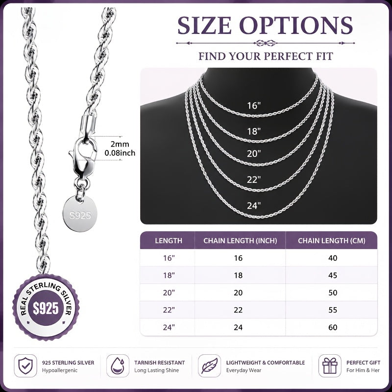 925 Sterling Silvery Twisted Rope Chain Necklace, Minimalist Hip-Hop Style, Elegant Women's Jewelry Accessory, February Birthstone, Valentine's Day Gift, Suitable for Casual Attire in All Seasons