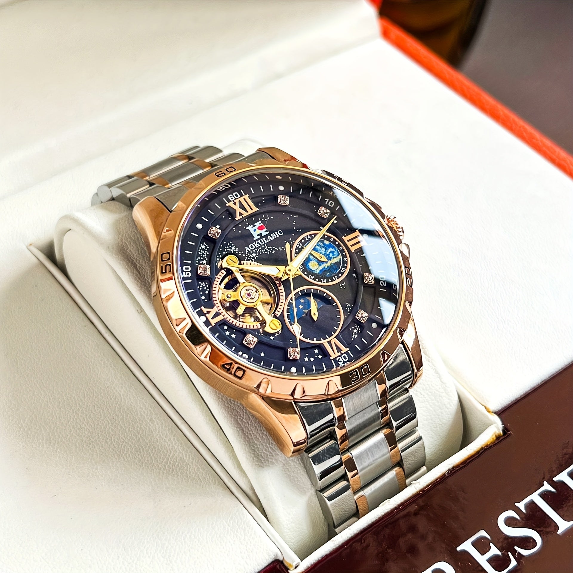 Top Brand Men Fashion Tourbillon Skeleton Automatic Mechanical Watch, Rose Golden Case Stainless Steel Strap, Iced Out Starry Sky Luminous Dial, Business Casual Mens Watches, 1pc, Gifts with Box