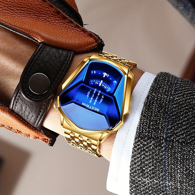 Unique Dashboard Design Men Watches Top Brand Fashion Blue Rhinestones Dial Steel Strap for Man Business Quartz Watch for Gifts