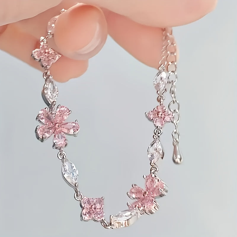 1 Women's S925 Silver Pink Cherry Blossom Bracelet, Fashionable, Cute, Exquisite Square Synthetic Synthetic Zirconia Petal Cherry Blossom Bracelet Adjustable