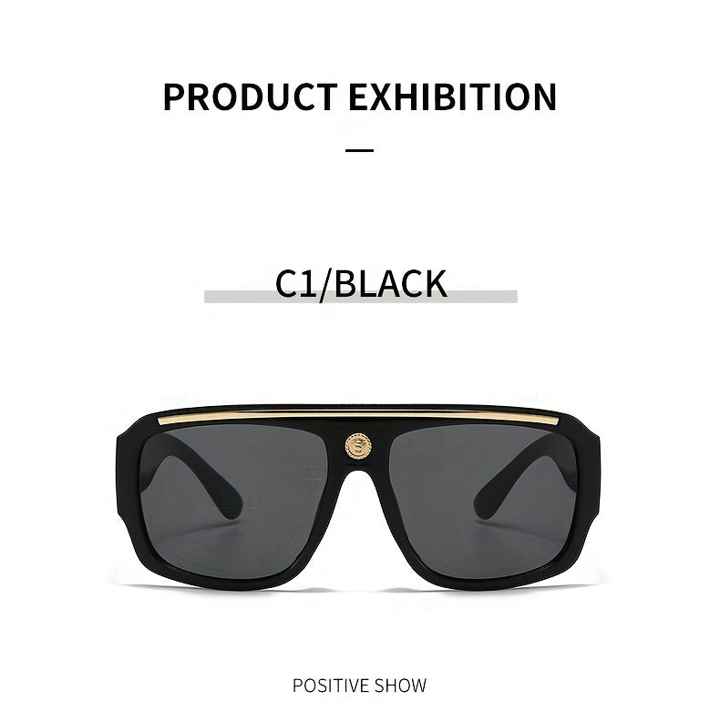 Men's Cyberpunk Square Fashion Eyewear - Extra Large Frame (>139mm), Lightweight Eyewear with Black and Golden Metal Trim, Over-the-Counter Decorative Lenses for Daily and Special Occasions - Futuristic Eyewear Street Fashion, Cosplay