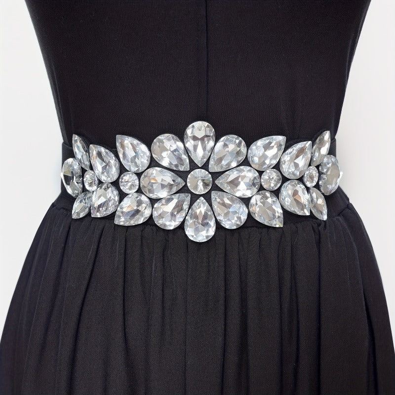 Ladies Fashion Shiny Big Bead Glass Synthetic Gem Exaggerated Gorgeous Style Dinner Stretch Belt