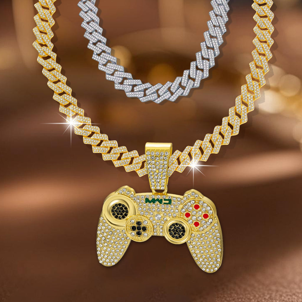 2pcs Fashionable Game Controller Pendant Necklace with Rhinestones - Men's Hip - Hop Cuban Chain, Ideal for Music Festivals, EDM Parties