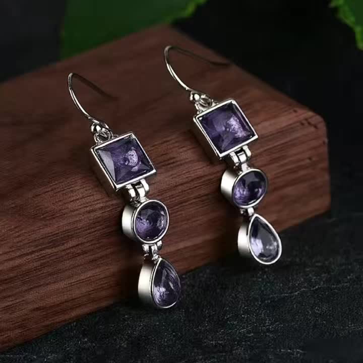 925 Silver Retro Amethyst Three Stone Earrings Lightweight Long Style Square Elliptical Water Drop Pendant Earrings Are The Best Christmas And Birthday Gifts for Yourself And Your Loved Ones
