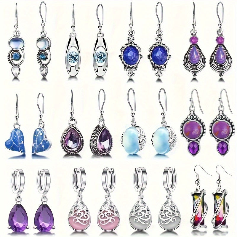 12 Pairs/Set Colorful Shiny Earrings Moonlight Cat'S Eye Stone Water Drop Pendant Dangle Earrings Bohemian Elegant Jewelry Daily Casual Ear Ornaments
