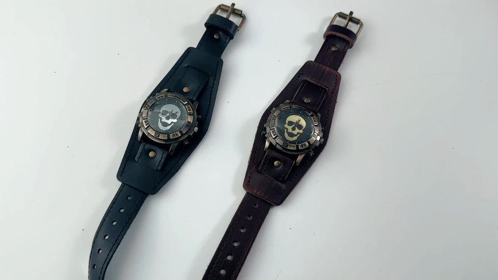 Steampunk Men's Analog Quartz Skull Watch, Vintage Halloween Biker Watch, Round Case, Wide Leather Strap, Bar Scale, Suitable for Casual, Biker Party, Halloween Party Wear, Memorial Day Christmas Birthday Gift