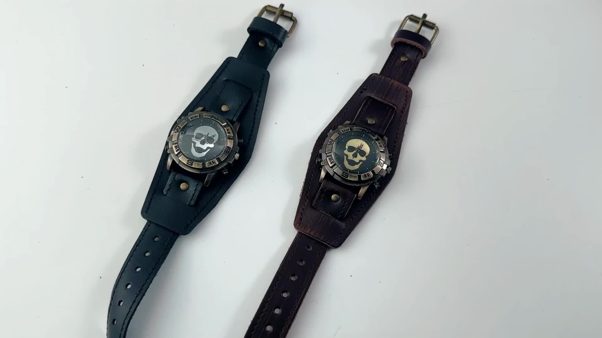Steampunk Men's Analog Quartz Skull Watch, Vintage Halloween Biker Watch, Round Case, Wide Leather Strap, Bar Scale, Suitable for Casual, Biker Party, Halloween Party Wear, Memorial Day Christmas Birthday Gift