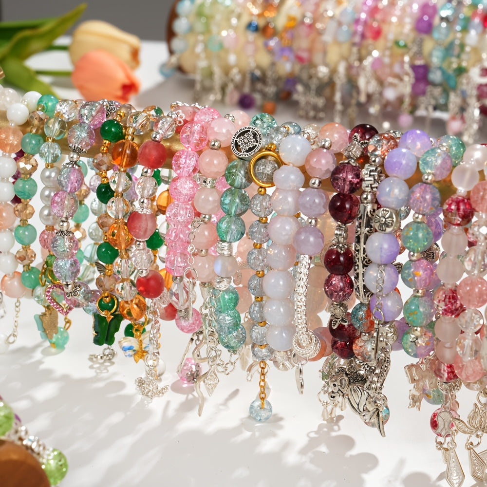 47pcs Bohemian Glass Bead Stretch Bracelets Set - with Star Floral & Butterfly Heart Pendant, Perfect for Daily Wear Casual Attire Party Jewelry Holiday Gifts