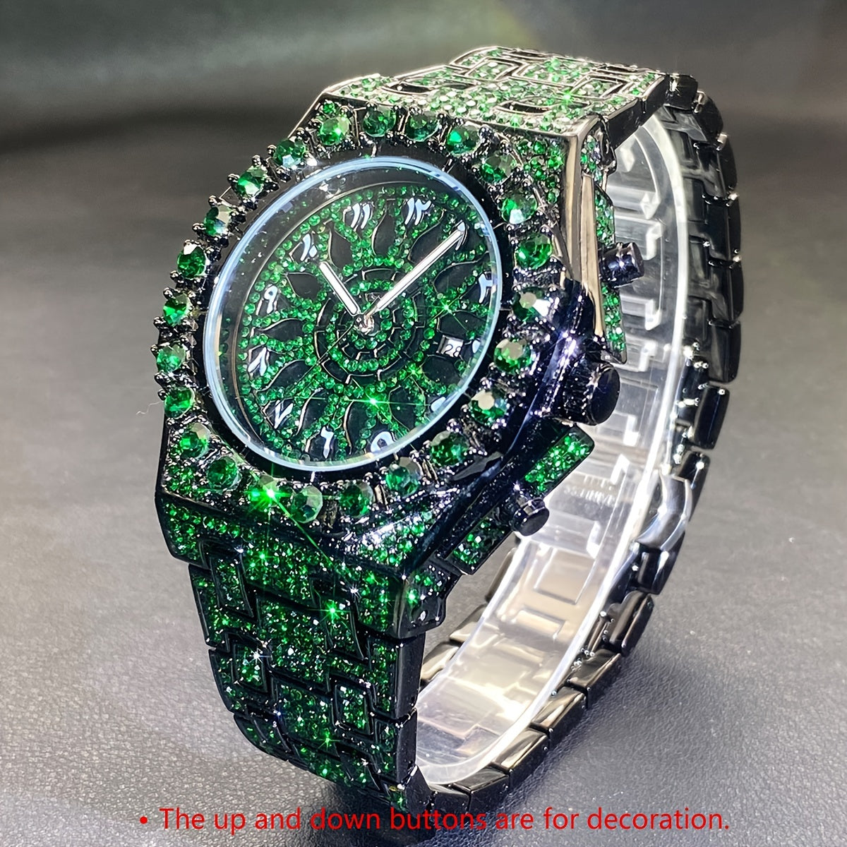 Men'S Hip-Hop Timepiece, Social Event Watch for Men, Big Face Green Ice Faux Faux Gemstone, Glow-In-The-Dark Hands Clock, Luxury Gift for Men